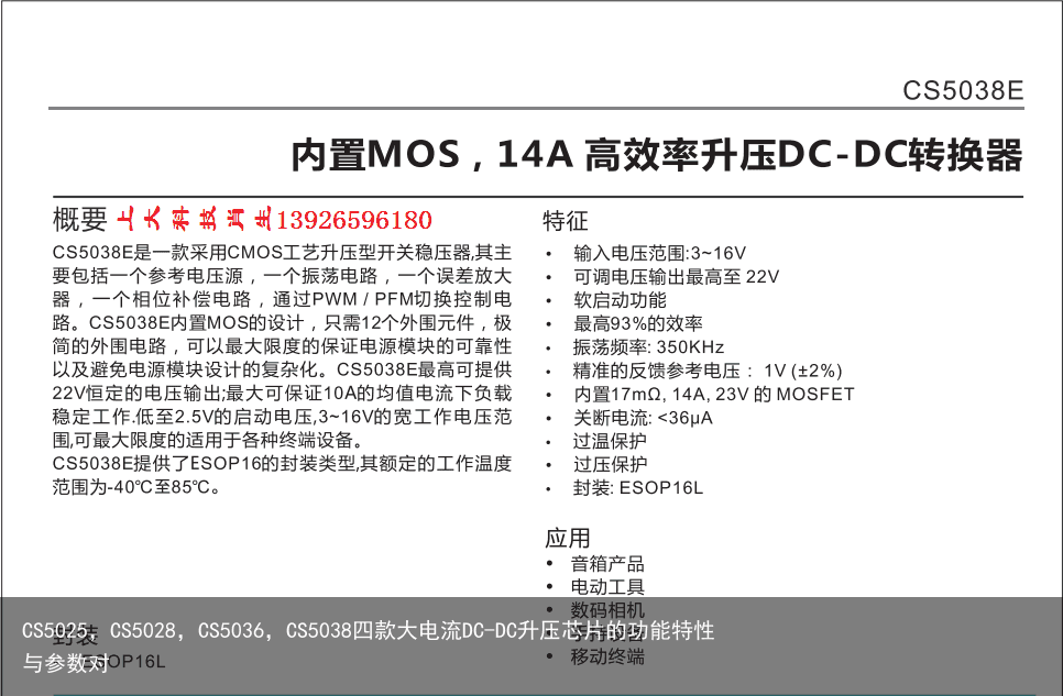 CS5025，CS5028，CS5036，CS5038四款大电流DC-DC升压芯片的功能特性与参数对1