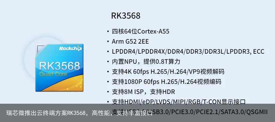 瑞芯微推出云终端方案RK3568，高性能，支持丰富接口