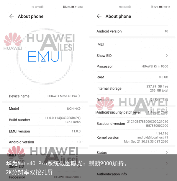 华为Mate40 Pro系统截图曝光：麒麟9000加持、2K分辨率双挖孔屏1